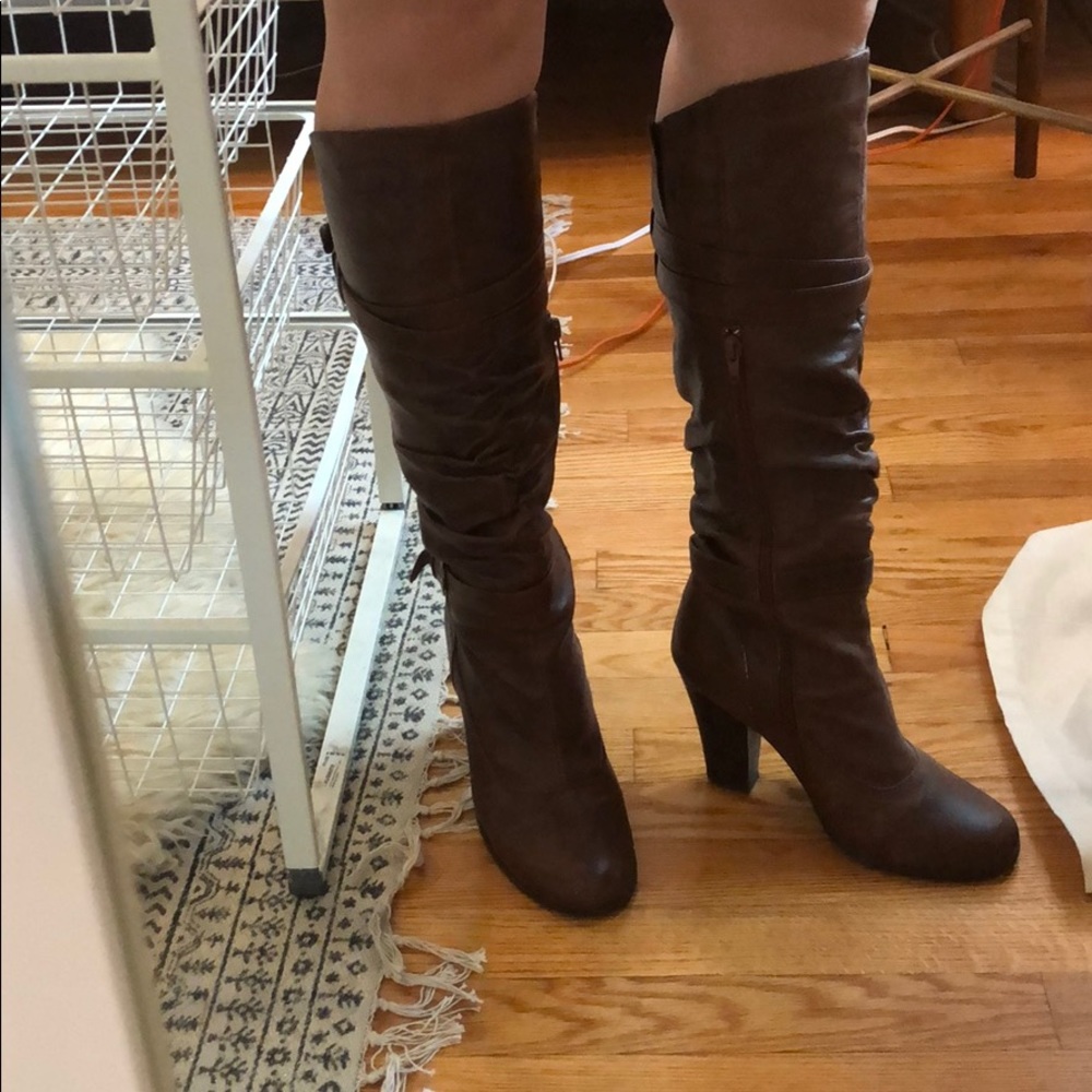 Brown faux leather knee high zip up boots